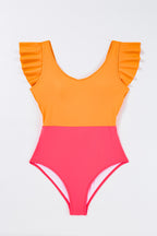 Colorful one piece swimsuit bathing suits with ruffle sleeves in orange and pink for stylish summer wear