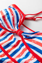 LuckeLadybug LLC one piece swimsuit bathing suits with red and blue stripes and a stylish bow detail
