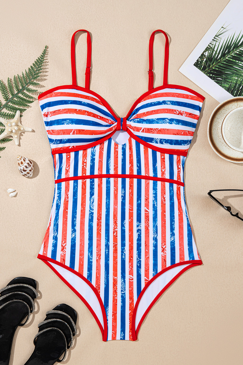 LuckeLadybug LLC Red and Blue Striped One Piece Swimsuit Bathing Suits with Adjustable Straps and Stylish Design