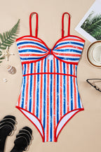 LuckeLadybug LLC Red and Blue Striped One Piece Swimsuit Bathing Suits with Adjustable Straps and Stylish Design