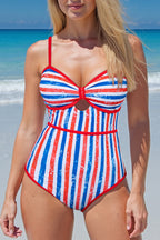 LuckeLadybug LLC one piece swimsuit bathing suits with red and blue stripes, perfect for beach days