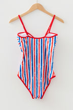 LuckeLadybug LLC Red and Blue Striped One Piece Swimsuit Bathing Suits with Adjustable Straps