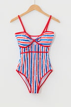 LuckeLadybug LLC One Piece Swimsuit Bathing Suits in Red and Blue Stripes for Summer Fun