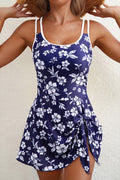 Floral one piece swimsuit bathing suits in navy with adjustable straps and a stylish skirt overlay