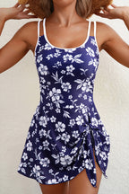 Floral one piece swimsuit bathing suits in navy with adjustable straps and a stylish skirt overlay
