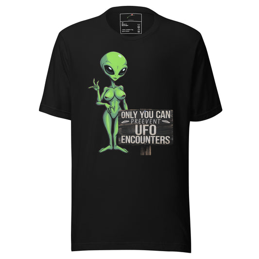 LuckeLadybug black T-shirt with green alien graphic and Only You Can Prevent Shirt UFO encounters text