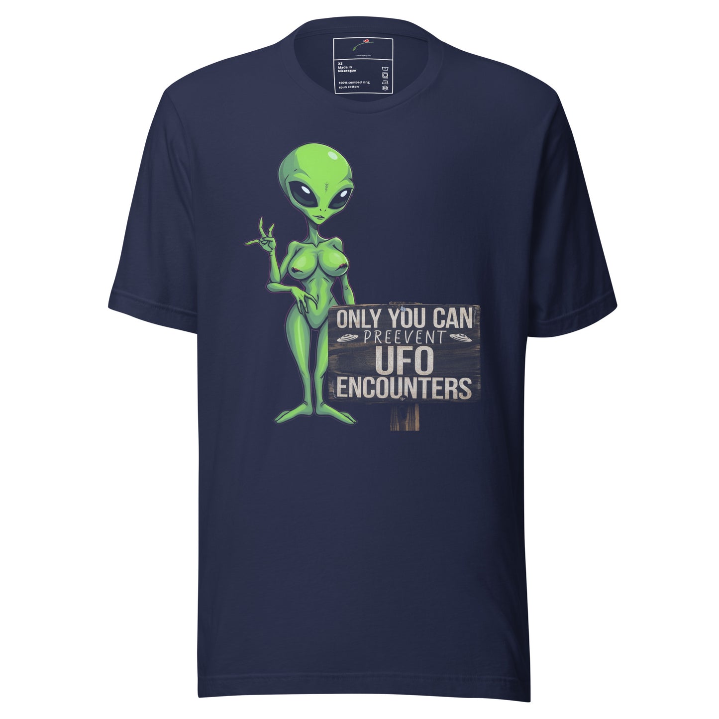 LuckeLadybug navy t-shirt with green alien and Only You Can Prevent Shirt UFO encounters graphic