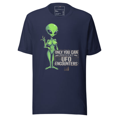LuckeLadybug navy t-shirt with green alien and Only You Can Prevent Shirt UFO encounters graphic