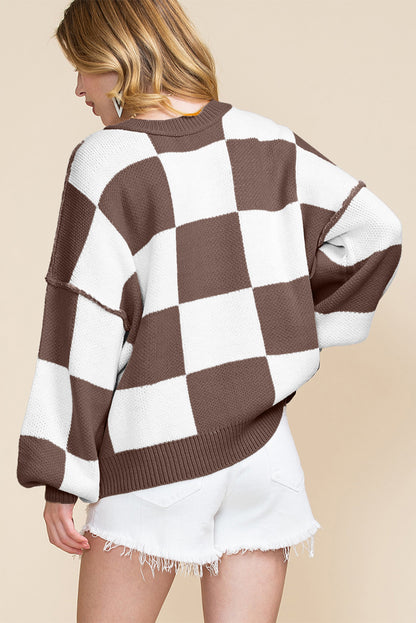 LuckeLadybug orange checkered bishop sleeve sweater in a cozy oversized style