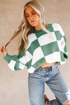 LuckeLadybug orange checkered bishop sleeve sweater in stylish cropped design