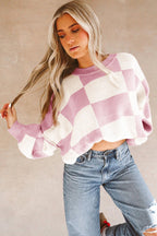 LuckeLadybug orange checkered bishop sleeve sweater in a stylish cropped design