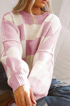 LuckeLadybug orange checkered bishop sleeve sweater in soft knit fabric for stylish comfort