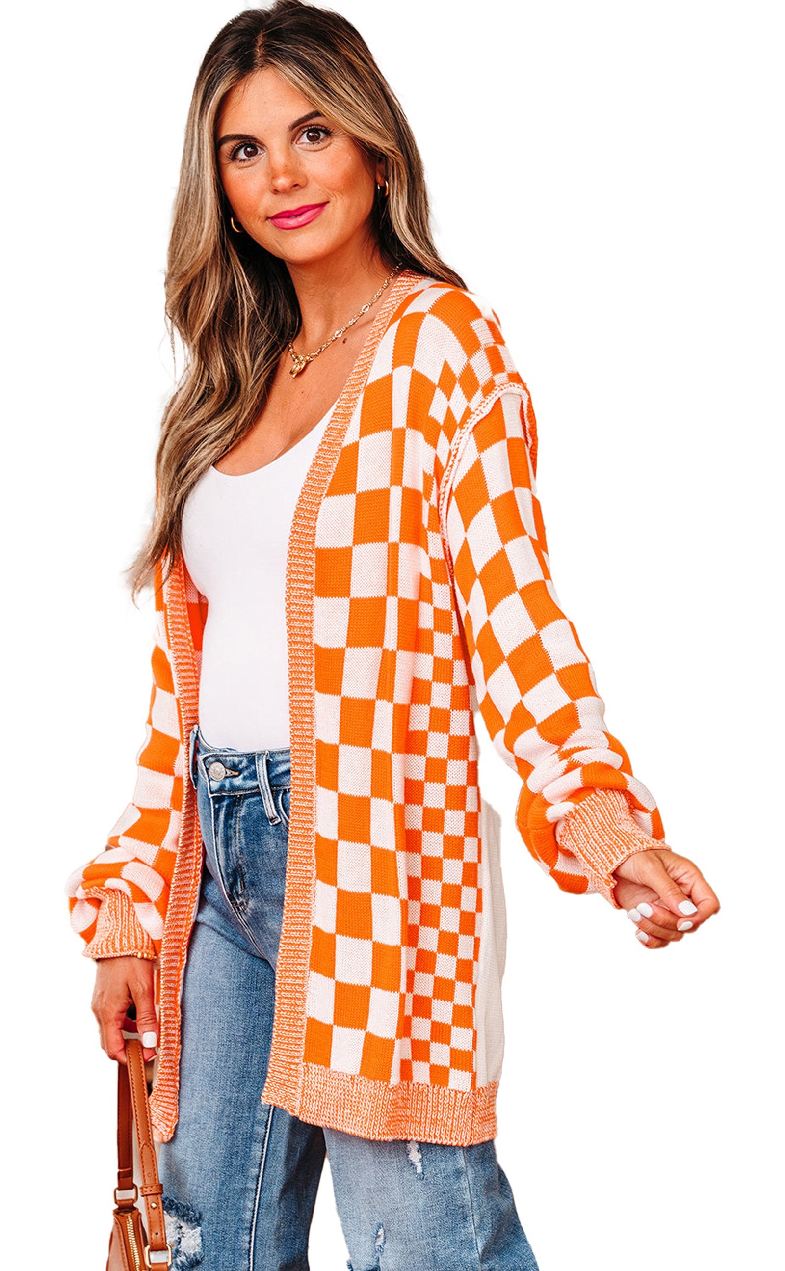 LuckeLadybug orange checkered cardigan with oversized fit and long sleeves for stylish layering