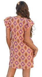 Stylish LuckeLadybug orange geometric floral mini dress with ruffled sleeves and vibrant pattern