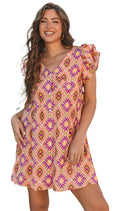 LuckeLadybug orange geometric floral mini dress with vibrant patterns and ruffled sleeves