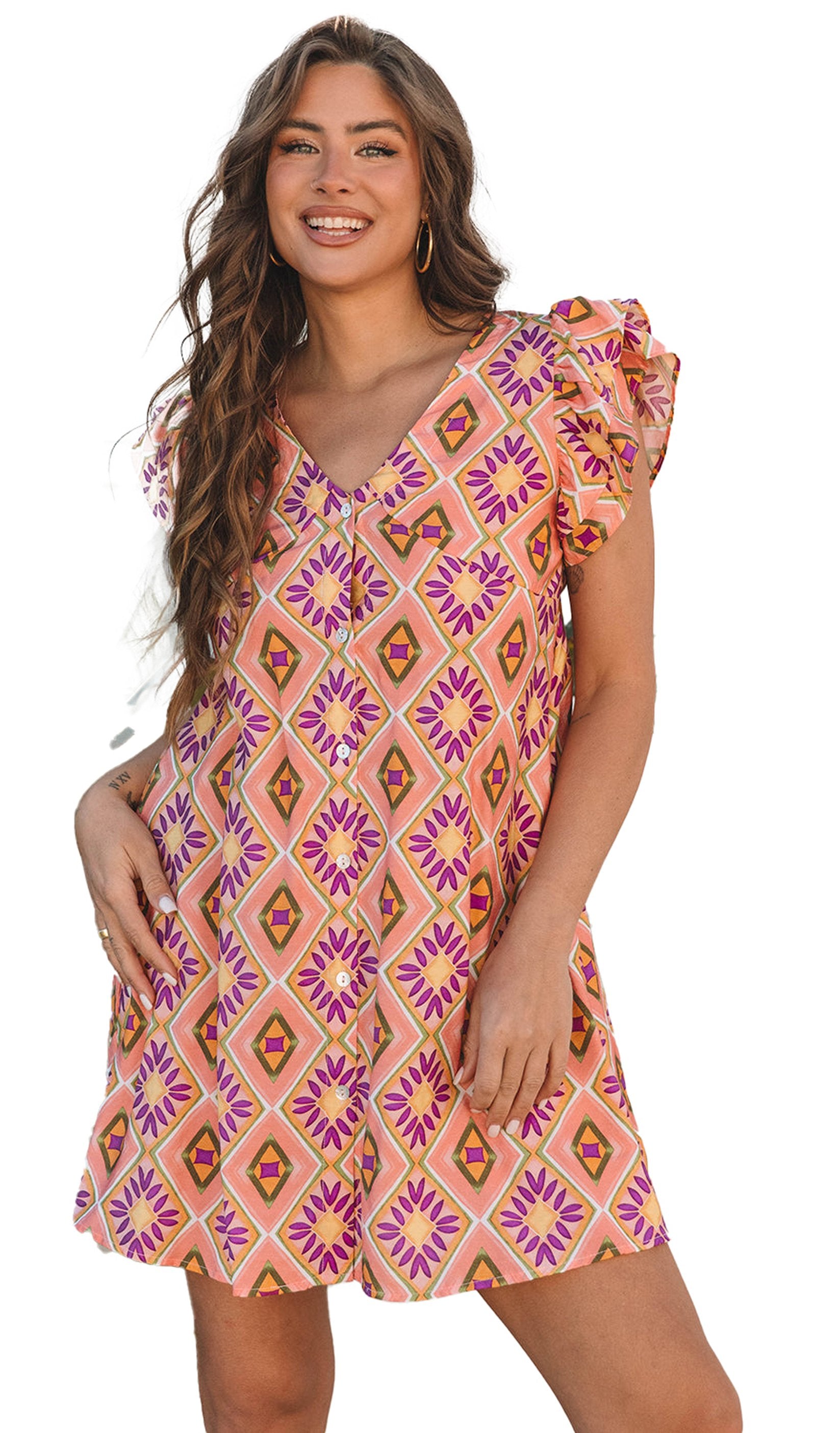 LuckeLadybug orange geometric floral mini dress with vibrant patterns and ruffled sleeves