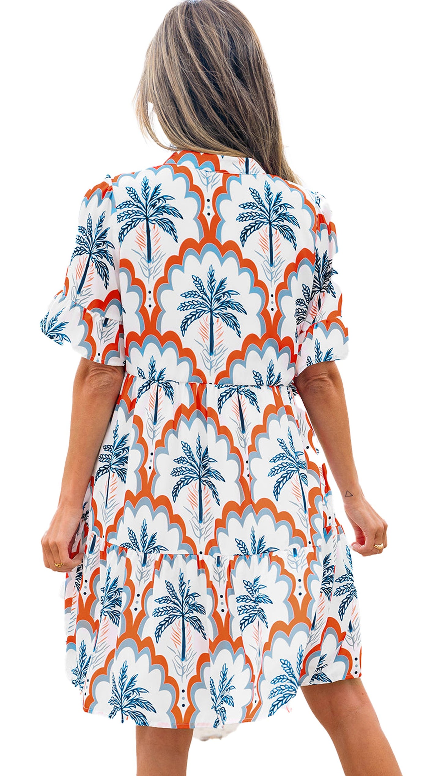 LuckeLadybug orange palm tree flowy dress with a relaxed fit and palm tree pattern, perfect for beach outings