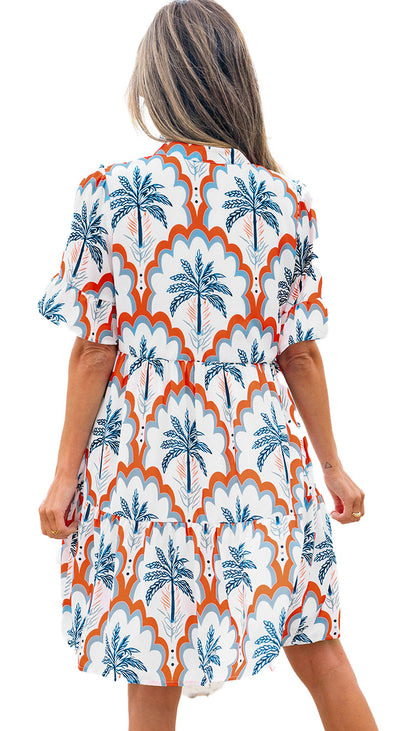 LuckeLadybug orange palm tree flowy dress with a relaxed fit and palm tree pattern, perfect for beach outings