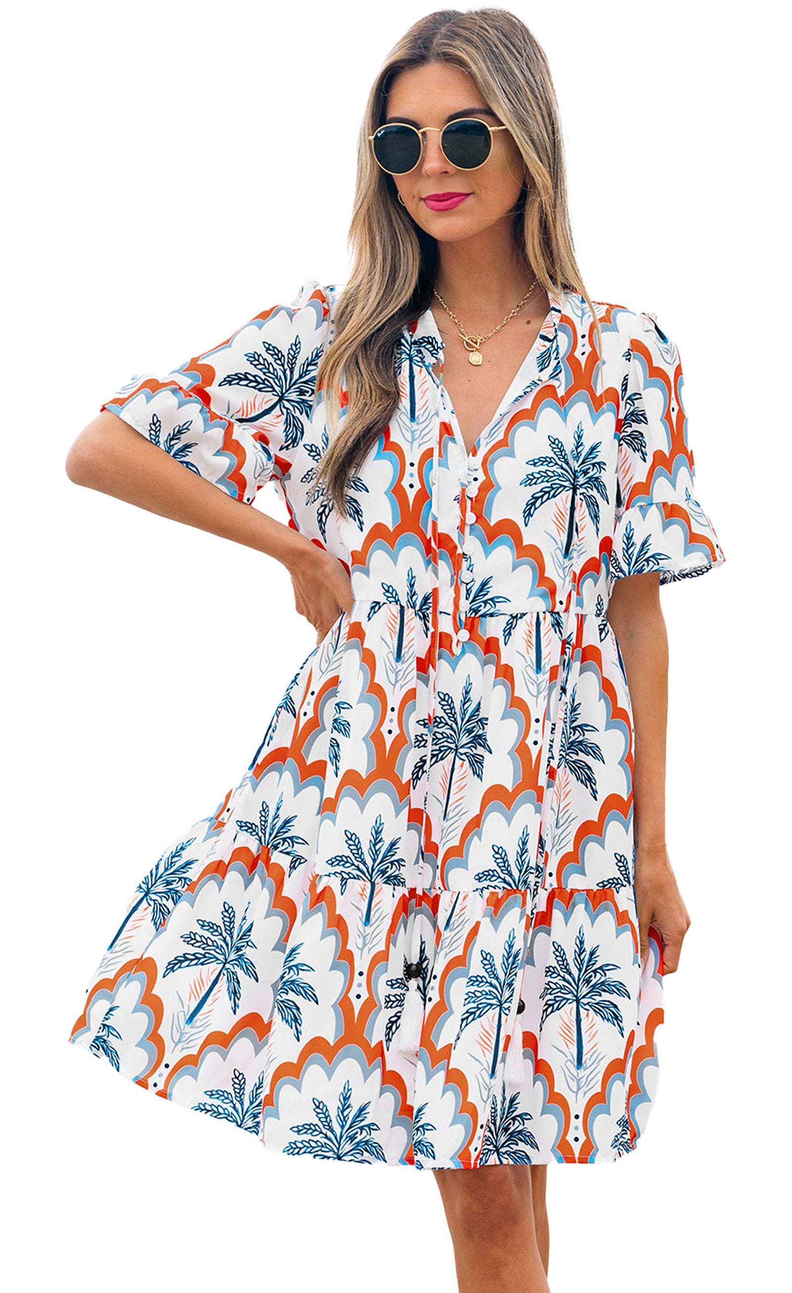 LuckeLadybug orange palm tree flowy dress with short sleeves and a relaxed fit, perfect for beach outings