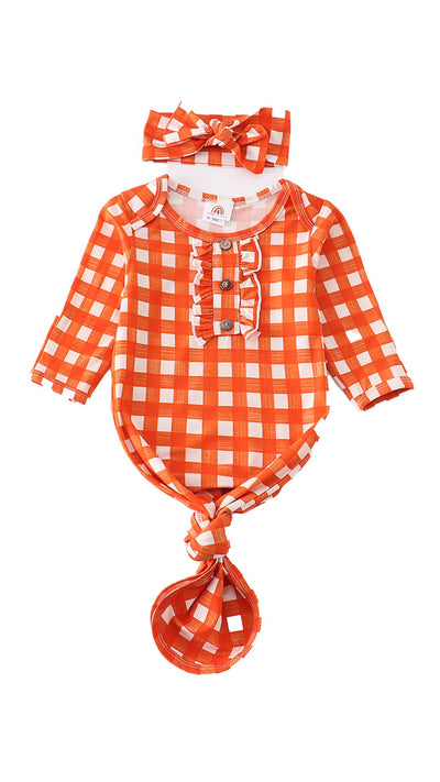 Adorable Orange Plaid Hairband & Bamboo Baby Gown Set | Perfect For Babies & Toddlers! - LuckeLadybug LLC