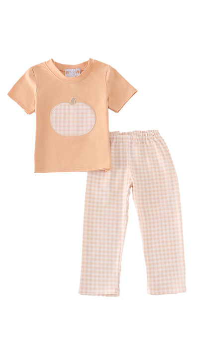 Adorable Orange Pumpkin Appliqué Plaid Boy Set For Stylish Little Ones - LuckeLadybug LLC