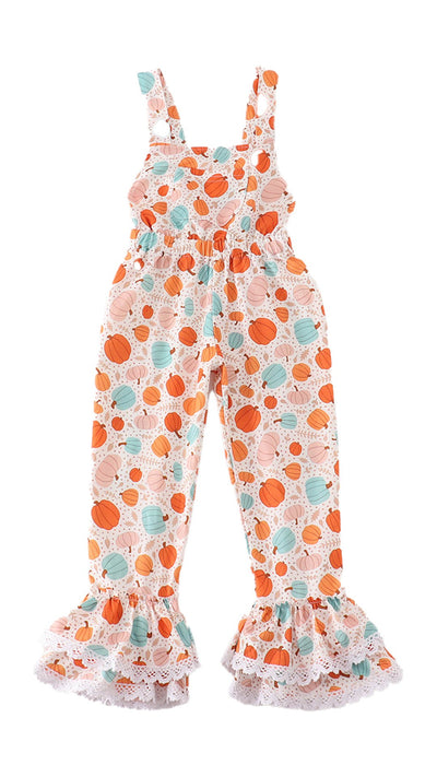 Adorable Orange Pumpkin Print Girl Jumpsuit - LuckeLadybug LLC