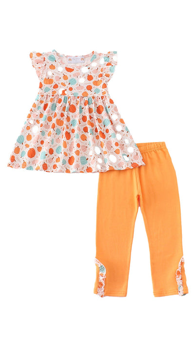 Adorable Orange Pumpkin Print Girl Ruffle Set For Your Little One! - LuckeLadybug LLC