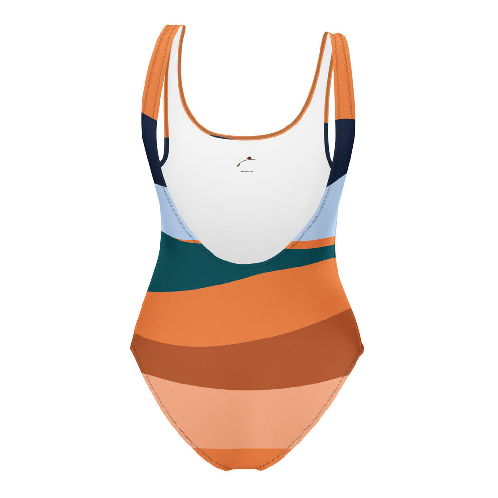 LuckeLadybug orange stripe one-piece swimsuit with multicolor curved stripes and scoop back design