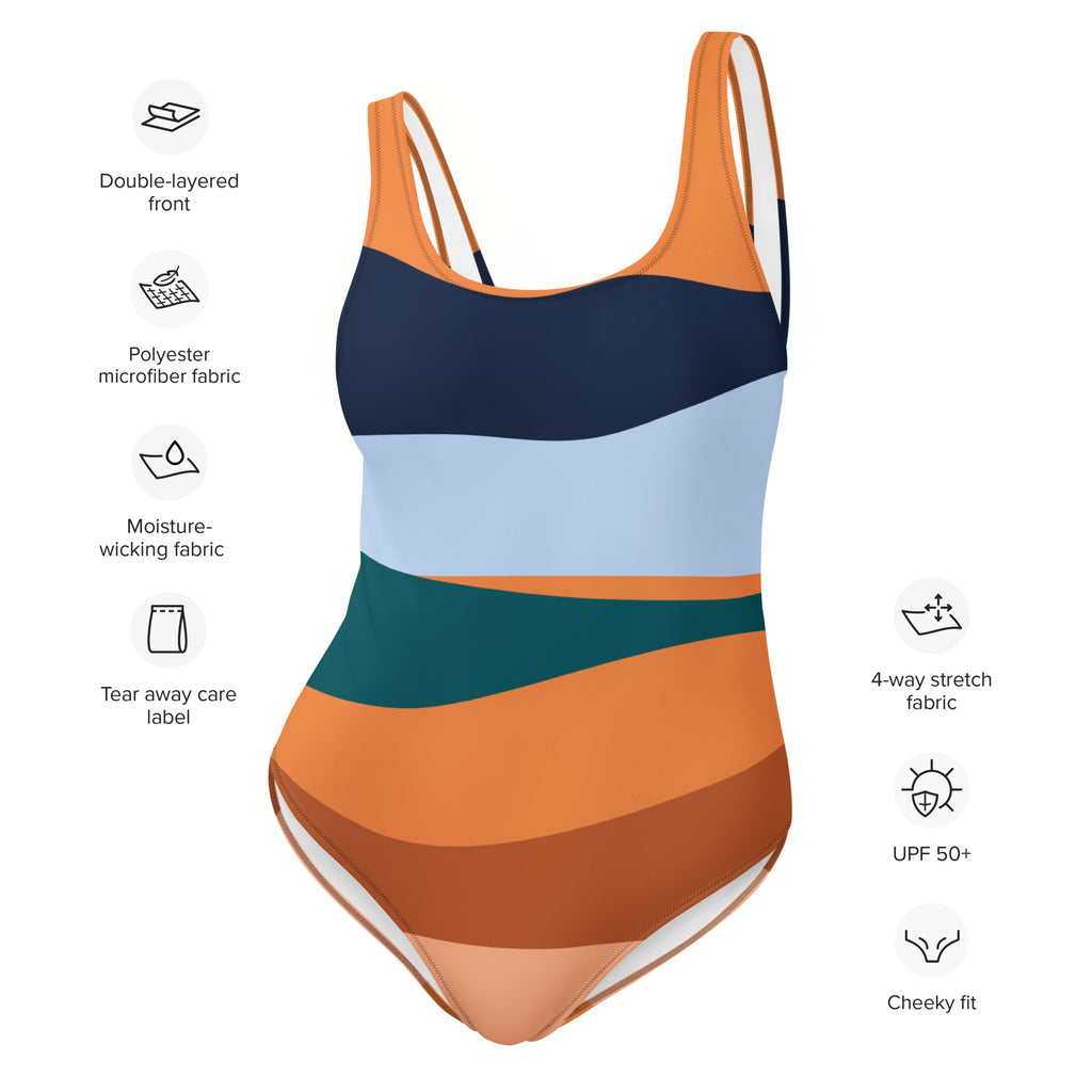 LuckeLadybug orange stripe one-piece swimsuit with double-layered front and moisture-wicking fabric