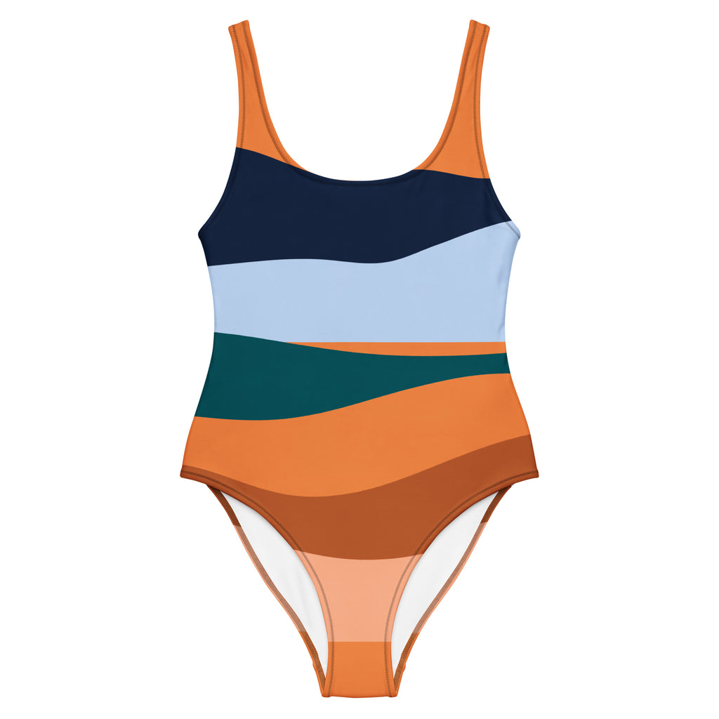 LuckeLadybug orange stripe one-piece swimsuit with navy, light blue, green, and brown color blocks