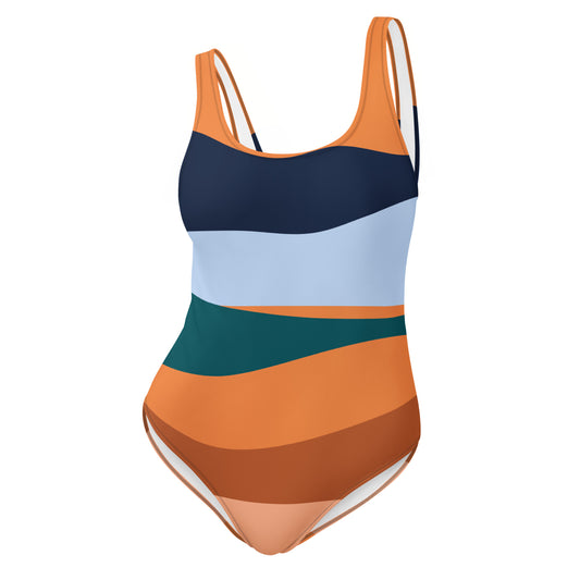 orange stripe one-piece swimsuit with navy, light blue, green, and brown color blocks