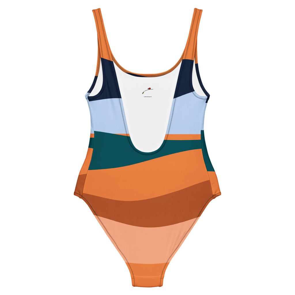 LuckeLadybug orange stripe one-piece swimsuit with multicolor horizontal stripes and scoop neckline