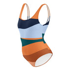 LuckeLadybug orange stripe one-piece swimsuit with multicolor curved stripes and thin shoulder straps
