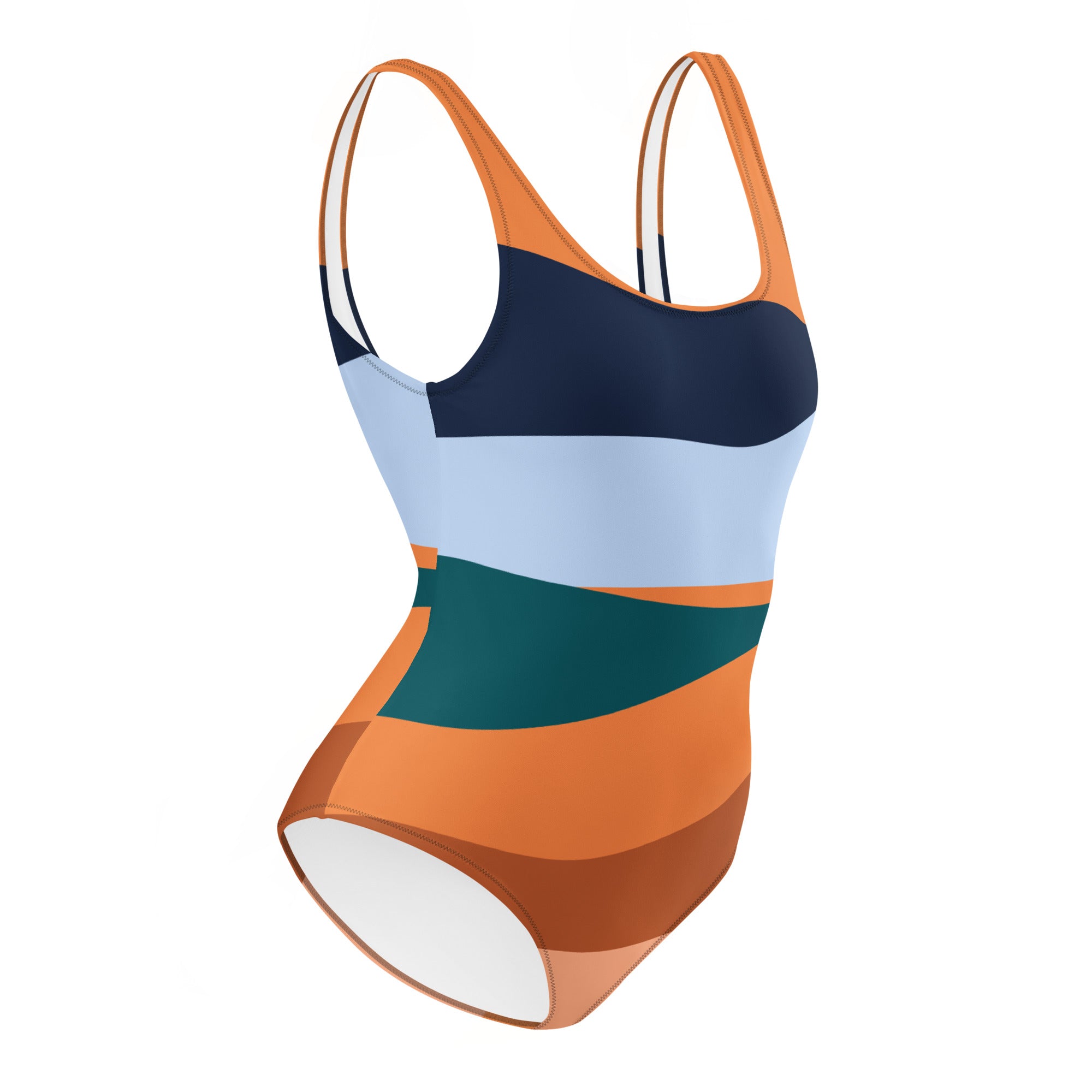 LuckeLadybug orange stripe one-piece swimsuit with multi-color abstract design and thin straps