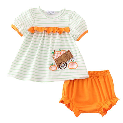 Adorable Orange Wheelbarrow Pumpkin Applique Baby Girl Set - LuckeLadybug LLC