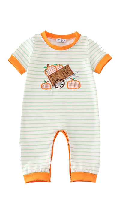 Adorable Orange Wheelbarrow Pumpkin Applique Boy Romper For Your Little Pumpkin - LuckeLadybug LLC