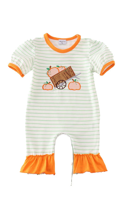 Adorable Pumpkin Applique Stripe Romper For Baby Girls: Orange Wheelbarrow Collection - LuckeLadybug LLC