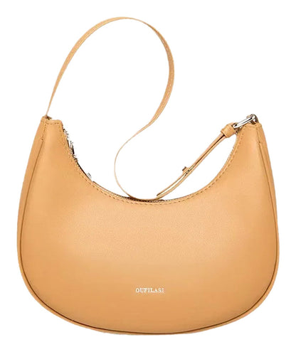Luxury half moon hobo bag in tan leather with a sleek curved design and adjustable strap