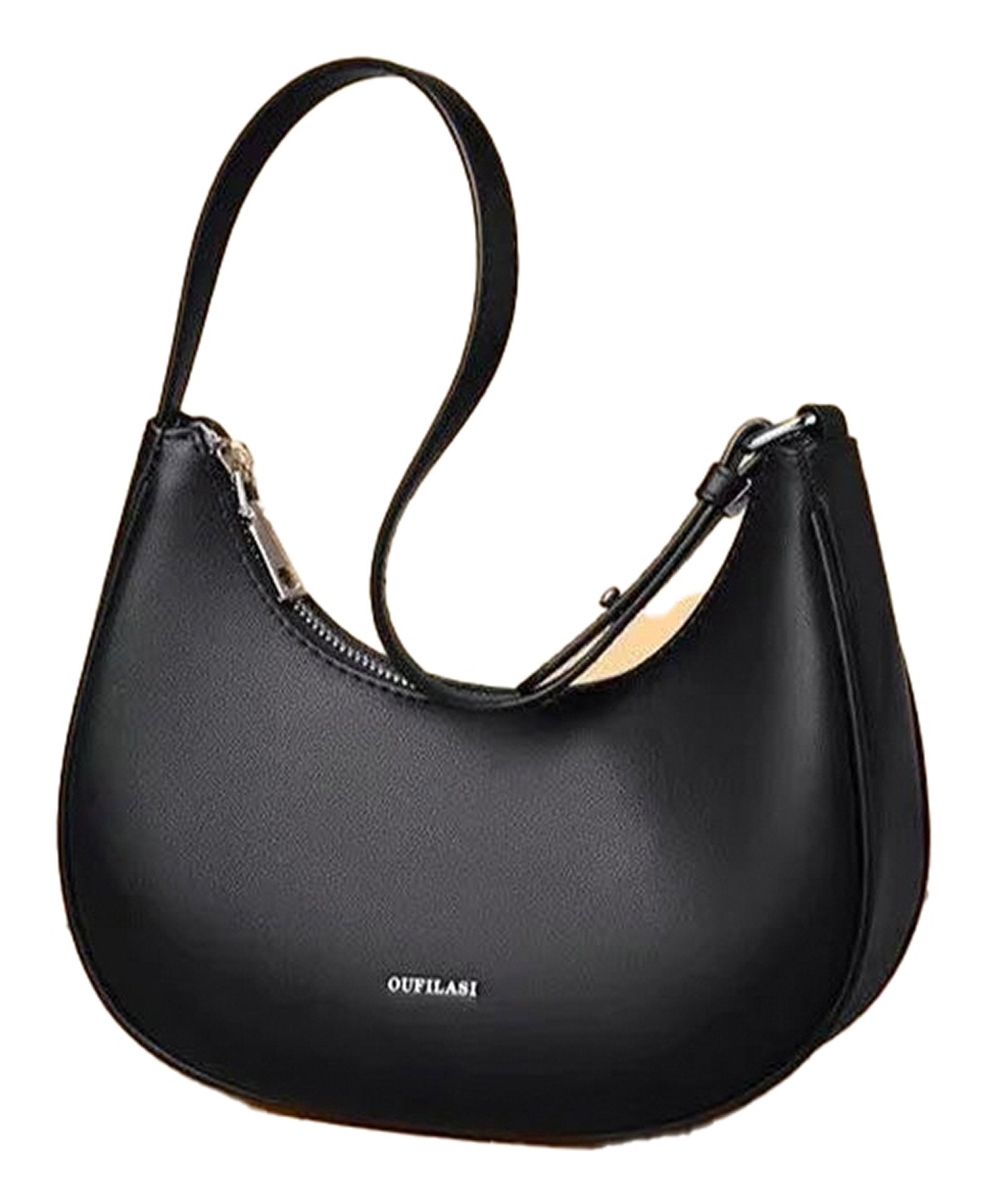 Luxury half moon hobo bag in black leather with a stylish curved design and adjustable strap