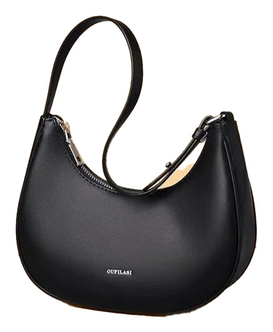 Luxury half moon hobo bag in black leather with a stylish curved design and adjustable strap