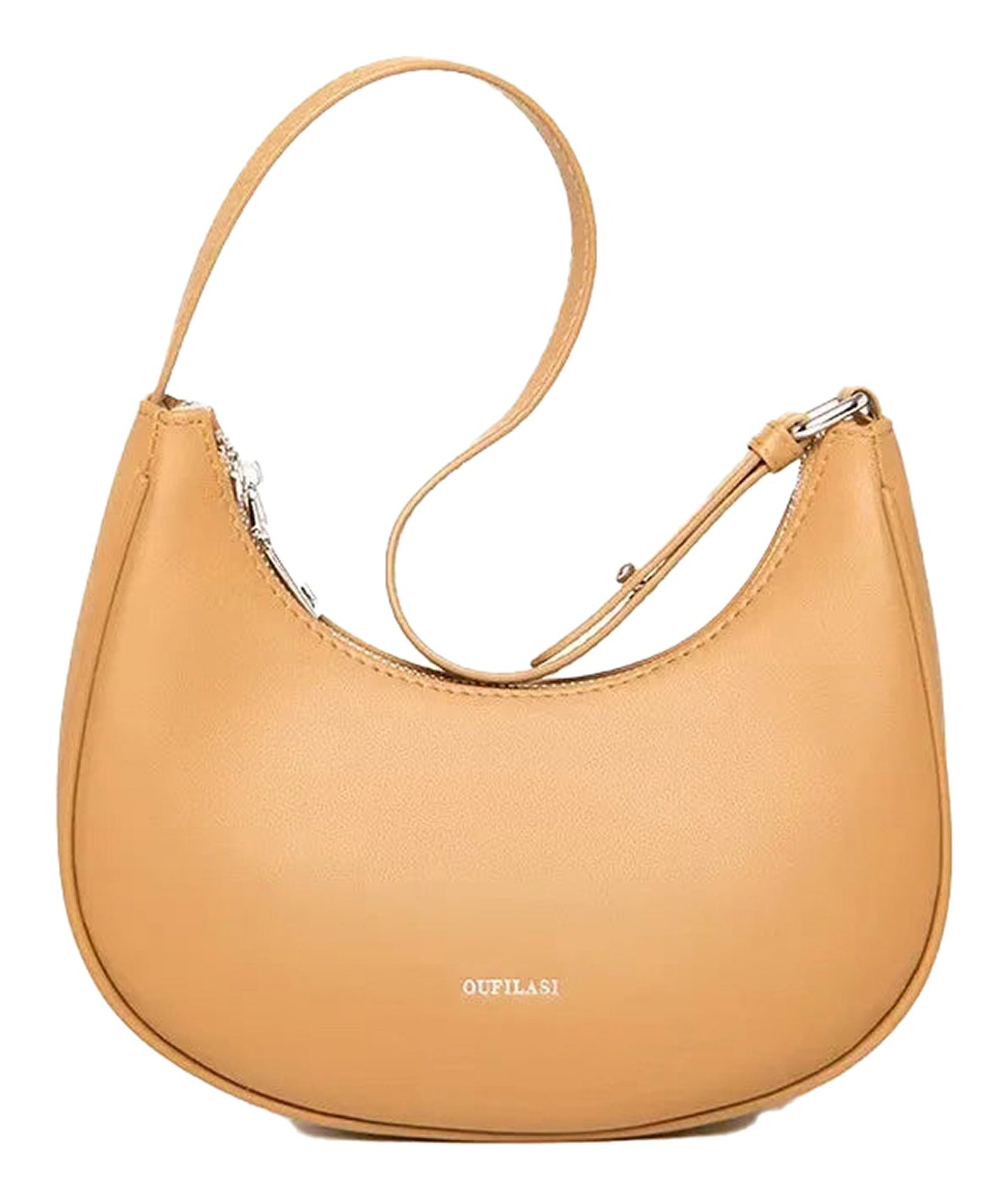 Tan luxury half moon hobo bag with adjustable strap and sleek design from LuckeLadybug LLC