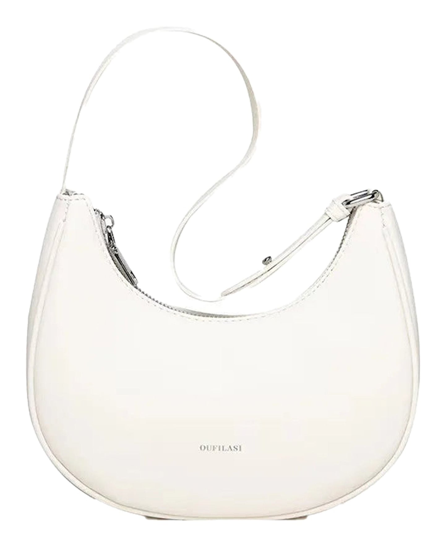 Elegant white luxury half moon hobo bag by LuckeLadybug LLC with a sleek design and adjustable strap