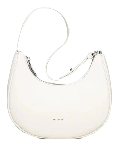 Elegant white luxury half moon hobo bag by LuckeLadybug LLC with a sleek design and adjustable strap