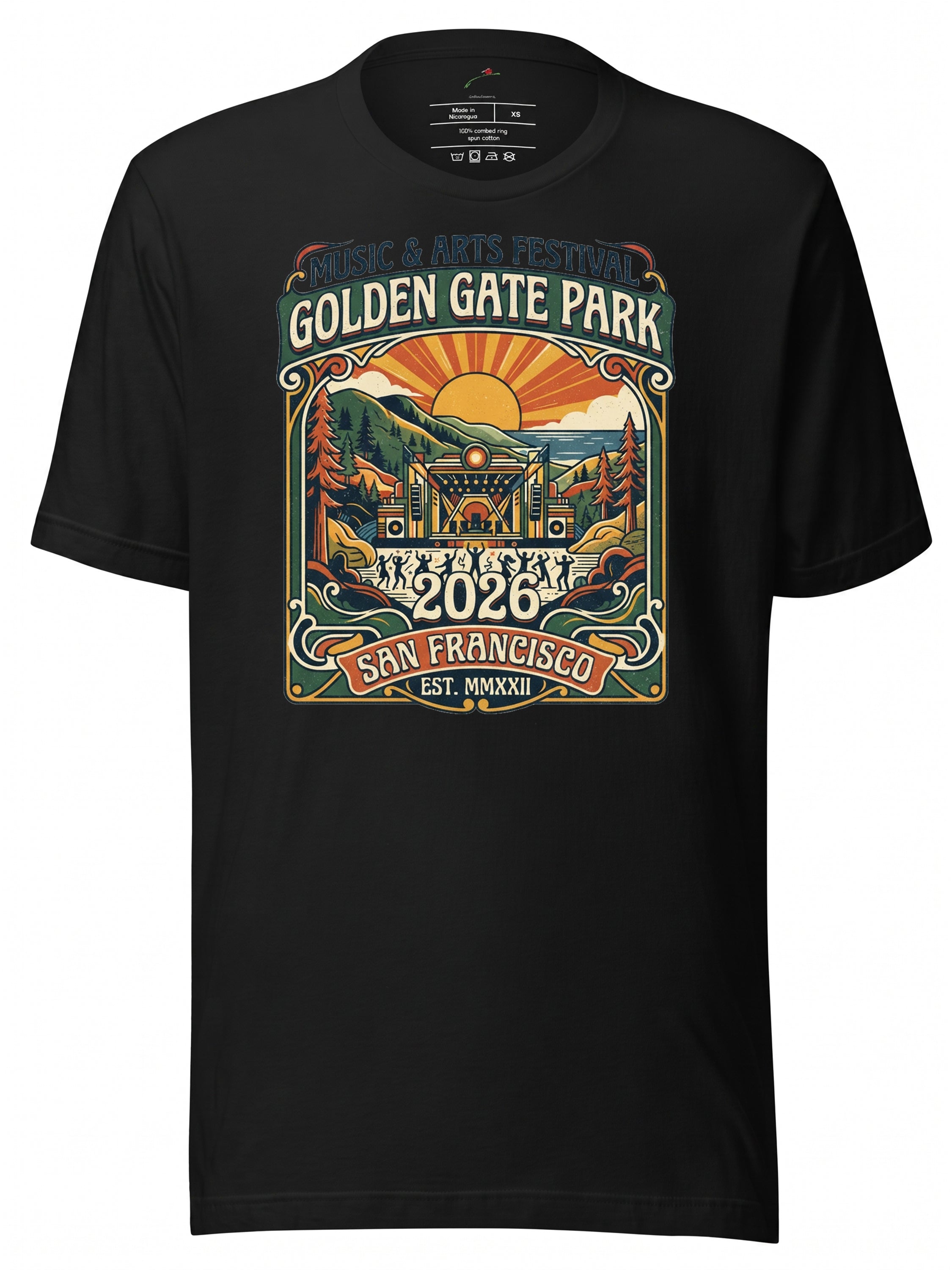 Black T-Shirt featuring 2026 Outside Lands Music Festival graphic from Golden Gate Park