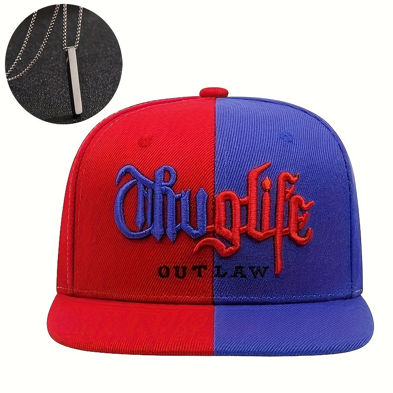 Outlaw hip hop hat and necklace set featuring a vibrant red and blue snapback with bold lettering