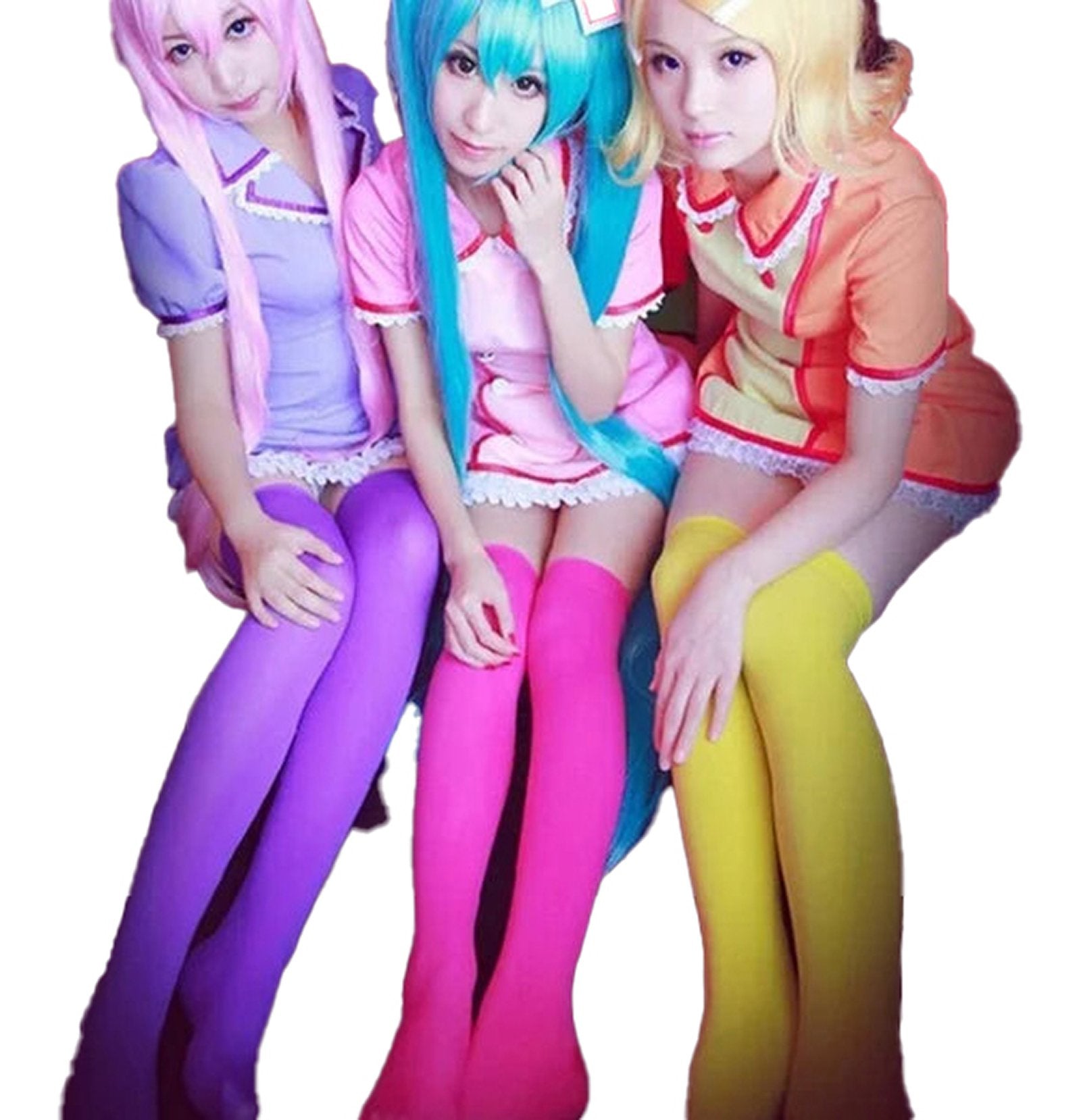 Three models wearing colorful costumes with over the knee black socks for women styled in vibrant outfits
