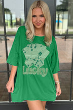 Green oversized t-shirt from LuckeLadybug LLC featuring a playful Lucky design with cards and shamrocks