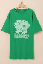 Green oversized t-shirt with a lucky card design for a casual and comfortable look