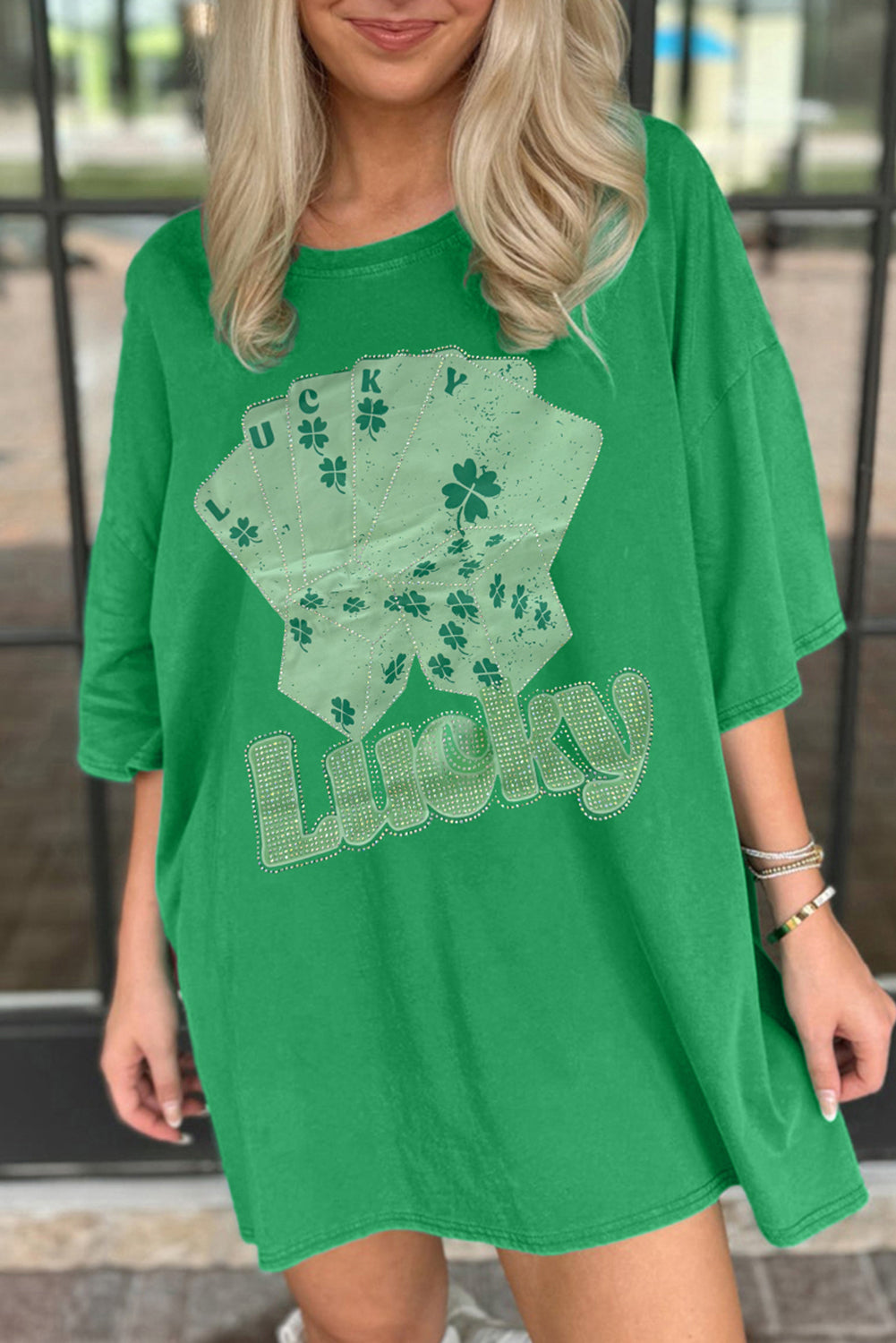 LuckeLadybug oversized t-shirt in green with a fun lucky design featuring playing cards