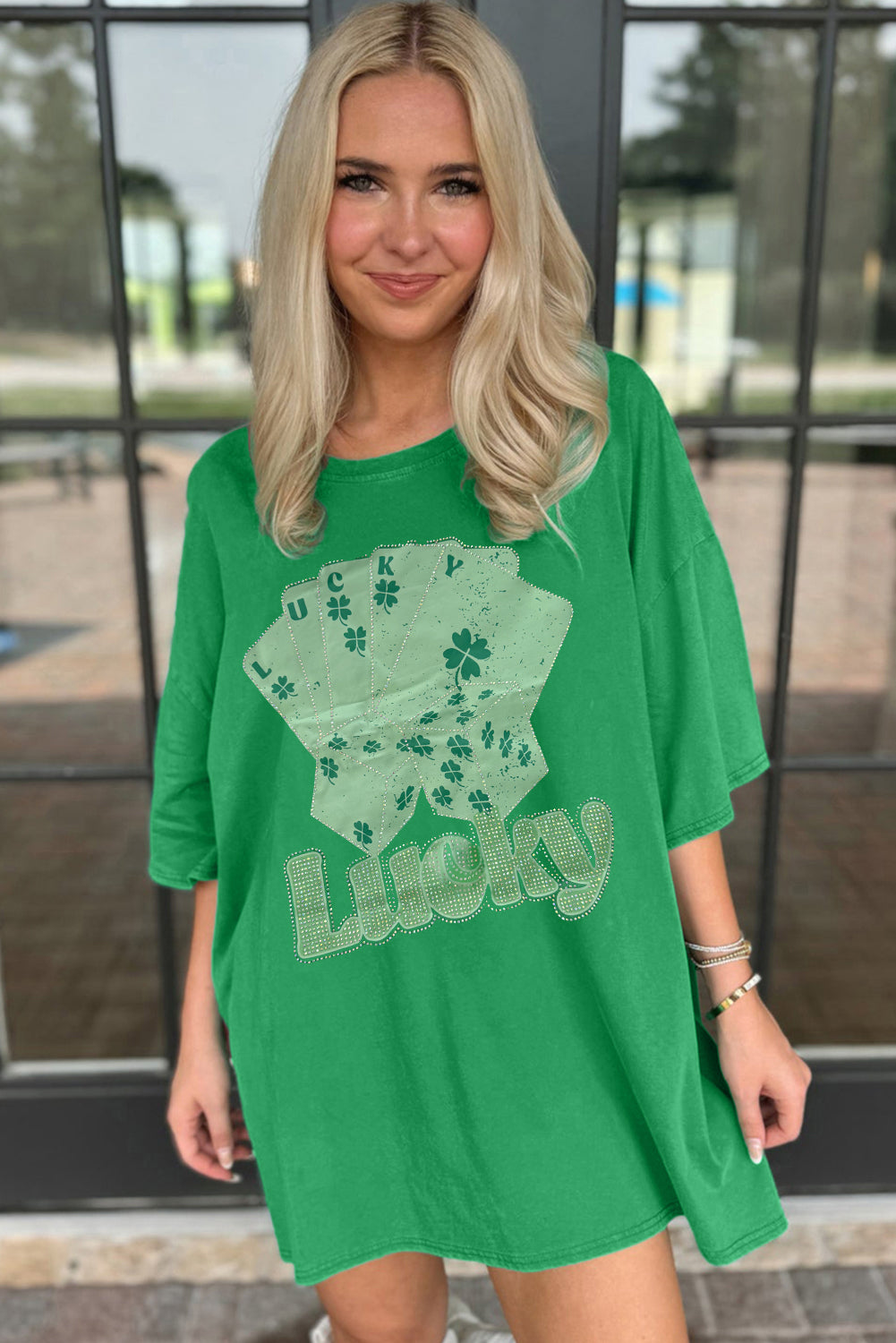 Green oversized t-shirt from LuckeLadybug LLC featuring a lucky graphic design